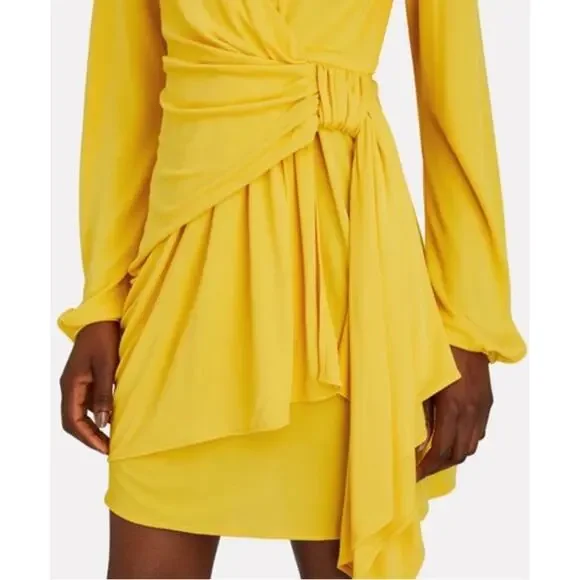 Dundas Yellow Beau Faux Wrap Long Sleeve Plunging V Neck Mini Dress Size 2 - Picture 3 of 13